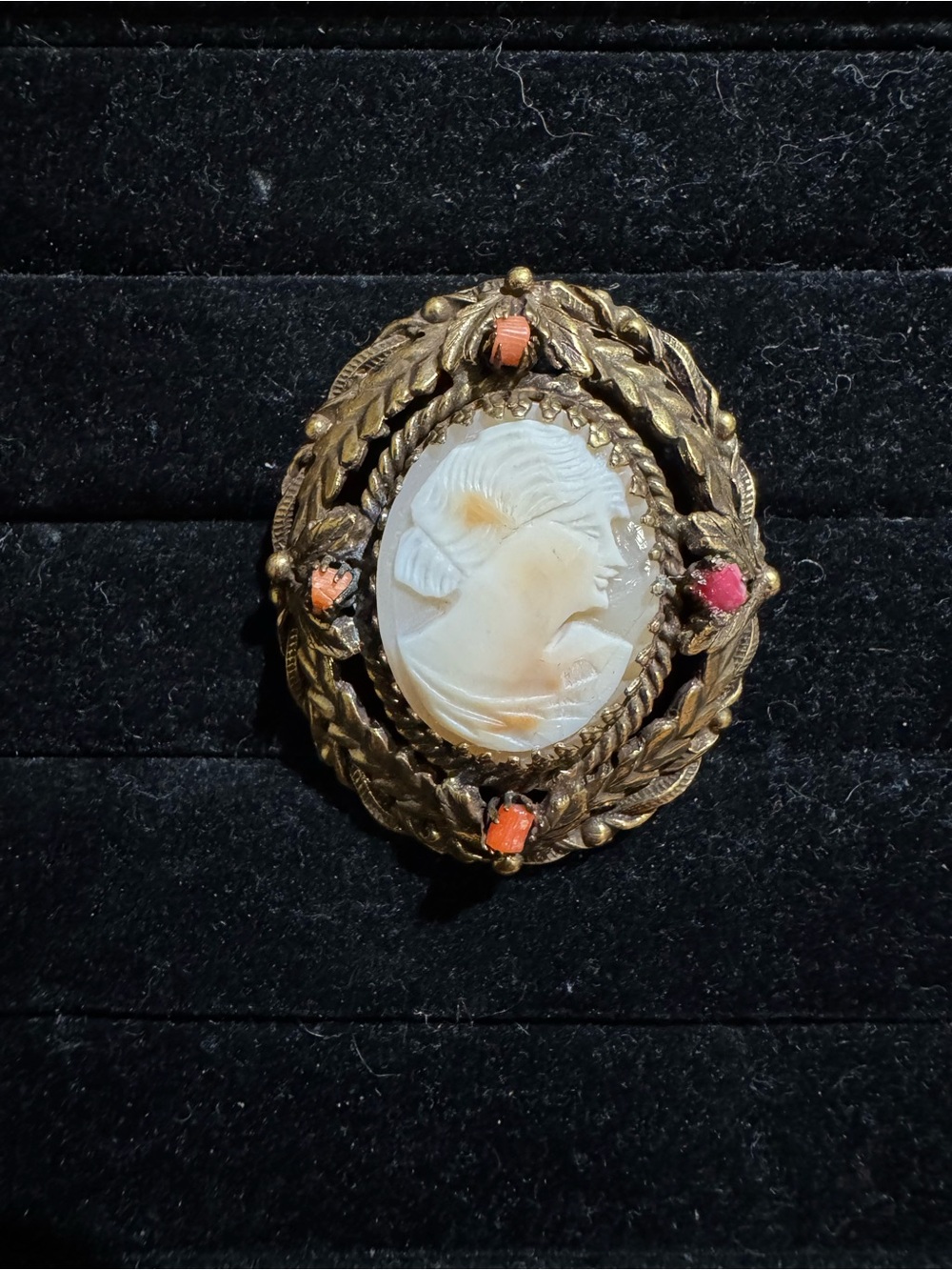 Vintage Shell Cameo Brooch with Coral Accents